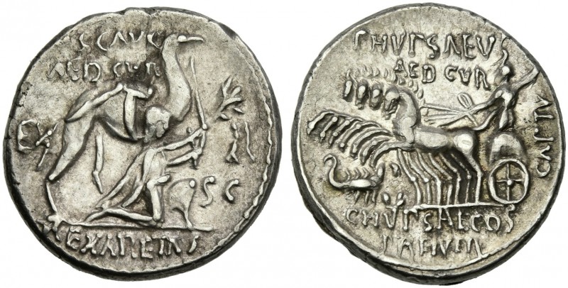 M. Aemilius Scaurus, P. Plautius Hypsaeus. Denarius 58, AR 19 mm, 4.00 g. M·SCAV...