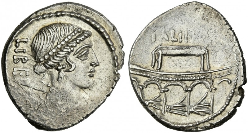 Lollius Palikanus. Denarius 45, AR 19 mm, 3.90 g. LIBER[TATIS] Diademed head of ...