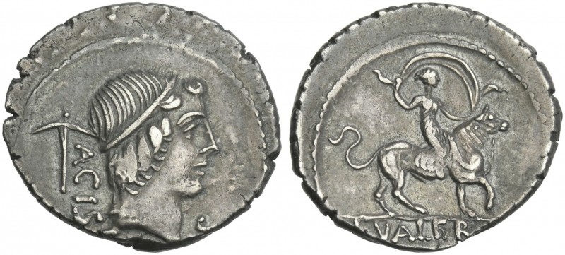 L. Valerius Acisculus. Denarius 45, AR 20 mm, 3.47 g. ACIS[CVLVS] Head of Apollo...