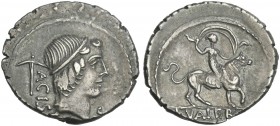 L. Valerius Acisculus. Denarius 45. An extremely rare variety without star.From the RBW collection.
