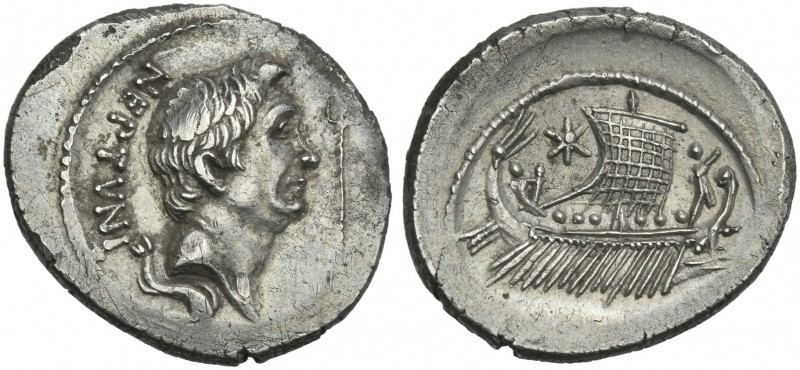 Sextus Pompeius and Q. Nasidius. Denarius, Sicily circa 42 to 38, AR 19 mm, 4.01...