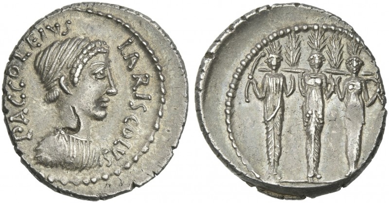 P. Accoleius Lariscolus. Denarius 41, AR 18 mm, 3.68 g. P.ACCOLEIVS – LARISCOLVS...