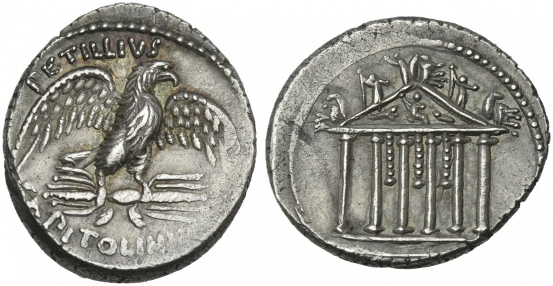 Petillius Capitolinus. Denarius 41, AR 18 mm, 3.87 g. PETILLIVS Eagle on thunder...