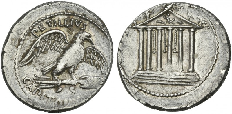 Petillius Capitolinus. Denarius 41, AR 19 mm, 4.07 g. PETILLIVS Eagle on thunder...