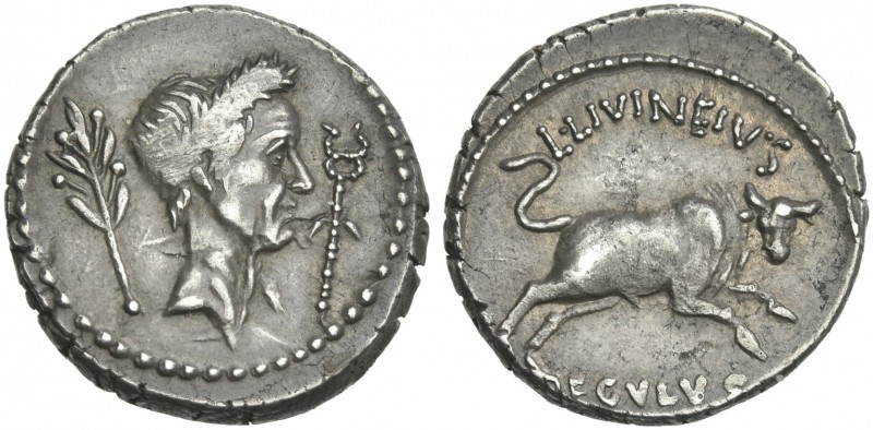 L. Livineius Regulus. Denarius 42, AR 18 mm, 3.85 g. Laureate head of Caesar r.;...