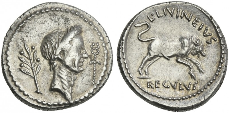 L. Livineius Regulus. Denarius 42, AR 18 mm, 3.74 g. Laureate head of Caesar r.;...