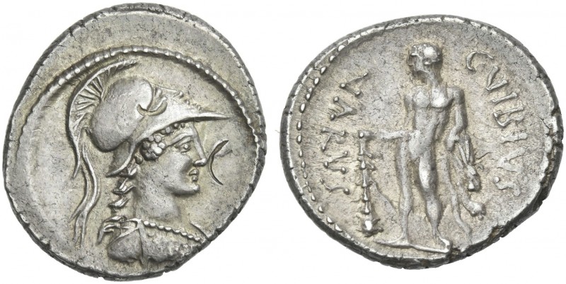 C. Vibius Varus. Denarius 42, AR 17 mm, 4.05 g. Helmeted head of Minerva r., wea...