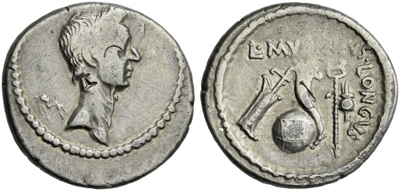 L. Mussidius Longus. Denarius 42, AR 19 mm, 3.91 g. Laureate head of Caesar r. R...