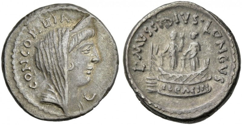 L. Musidius T.f. Longus. Denarius 42, AR 18 mm, 3.86 g. CONCORDIA Diademed and v...