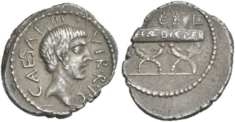Octavianus. Denarius, mint moving with Octavian 42, AR 20 mm, 3.45 g. CAESAR·III...