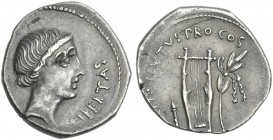 Q. Caepio Brutus. Denarius, mint moving 43-42. Rare.From the RBW collection.