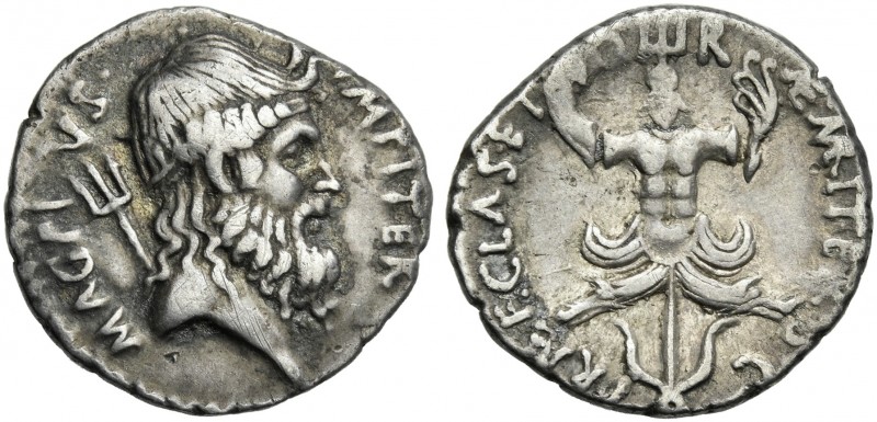 Sextus Pompeius. Denarius, Sicily 37-36, AR 20 mm, 3.83 g. MAG PI – VS IMP ITER ...