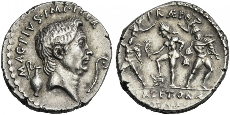 Sextus Pompeius. Denarius, Sicily 37-36, AR 19 mm, 3.96 g. MAG·PIVS·IMP·ITER Hea...
