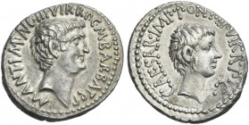M. Antonius, C. C. Octavianus, M. Barbatius. Denarius 41.