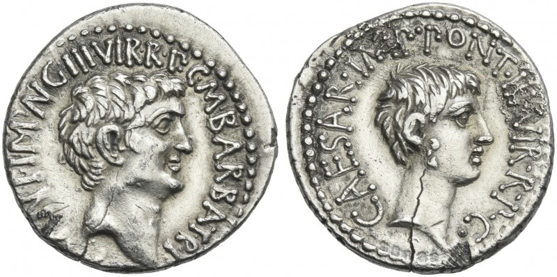 Marcus Antonius and C. Caesar Octavianus with M. Barbatius. Denarius, mint movin...