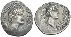 M. Ant., C.C. Octavianus, M. Barbatius. Barbaric denarius 41. Very rare.