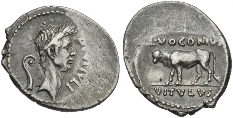 Q. Voconius Vitulus. Denarius 40? or later, AR 21 mm, 3.98 g. DIVI IVLI Laureate...