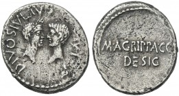 C. Caesar Octavianus and M. Vipsanius Agrippa. Denarius 38. Very rare.Ex M&M XIX, 1959, Gotha, 177.