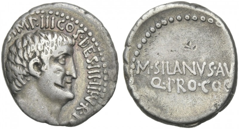 Marcus Antonius with M. Silanus. Denarius, mint moving with M. Antonius 33, AR 1...
