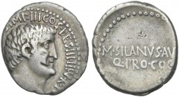 M. Antonius and M. Silanus. Denarius, mint moving 33. Rare.