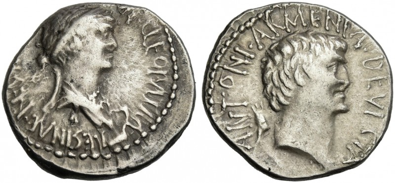 Cleopatra with Marcus Antonius. Denarius, mint moving with M. Antonius 32, AR 19...