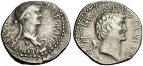 Cleopatra and M. Antonius. Denarius, mint moving 32. Very rare.