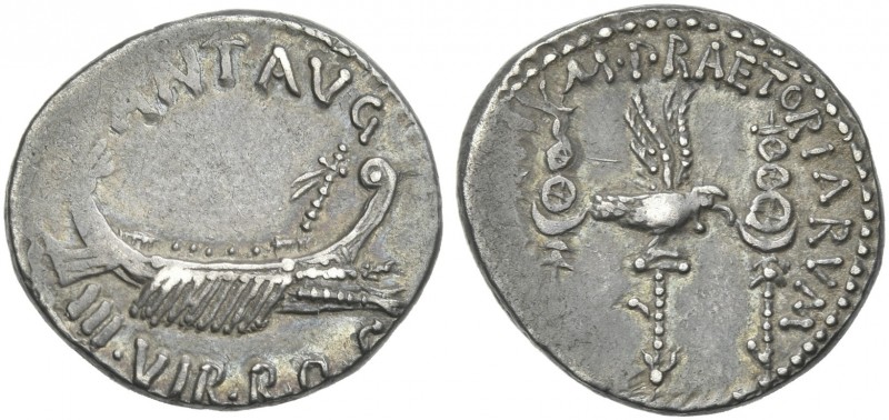 Marcus Antonius. Denarius, mint moving with M. Antonius 32-31, AR 18 mm, 3.68 g....