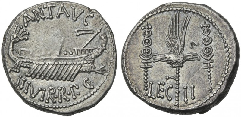 Marcus Antonius. Denarius, mint moving with M. Antonius 32-31, AR 17 mm, 3.72 g....