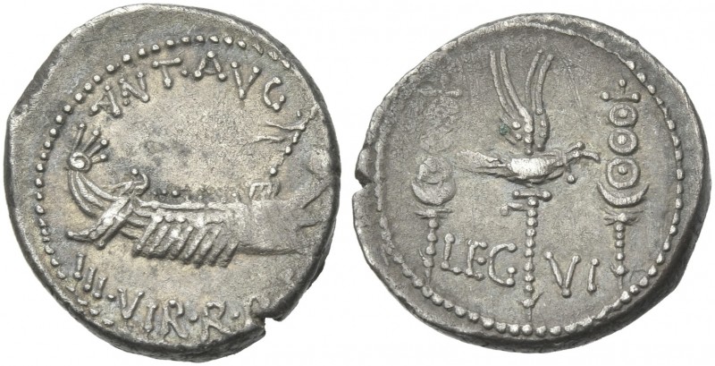 Marcus Antonius. Denarius, mint moving with M. Antonius 32-31, AR 18 mm, 3.72 g....