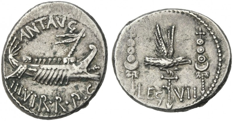 Marcus Antonius. Denarius, mint moving with M. Antonius 32-31, AR 17 mm, 3.94 g....