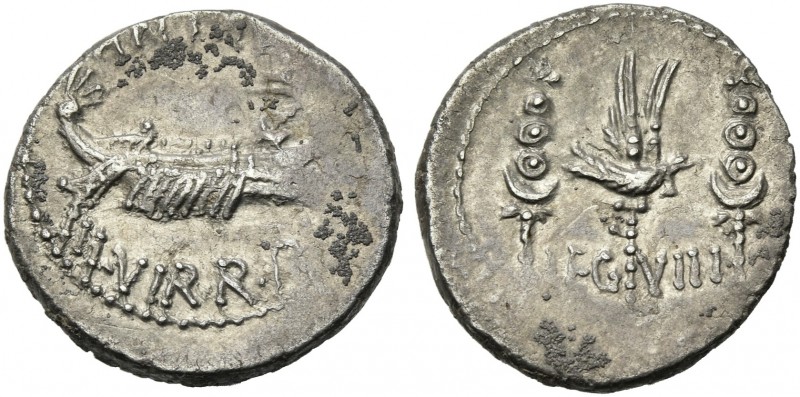 Marcus Antonius. Denarius, mint moving with M. Antonius 32-31, AR 18 mm, 3.15 g....