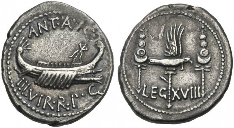 Marcus Antonius. Denarius, mint moving with M. Antonius 32-31, AR 17 mm, 3.25 g....
