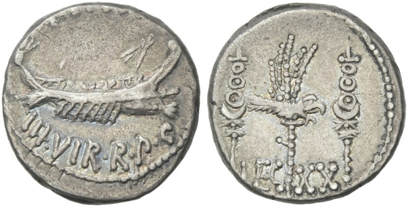 Marcus Antonius. Denarius, mint moving with M. Antonius 32-31, AR 17 mm, 3.76 g....