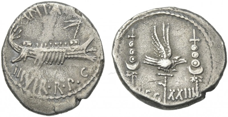 Marcus Antonius. Denarius, mint moving with M. Antonius 32-31, AR 17 mm, 3.75 g....