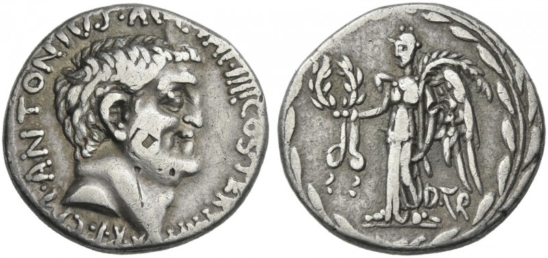 M. Antonius with D. Turullius. Denarius, mint moving with M. Antonius 31, AR 17 ...