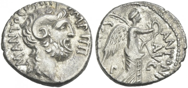 M. Antonius with M. Pinarius Scarpus. Denarius, Cyrenaica 31, AR 18 mm, 3.66 g. ...