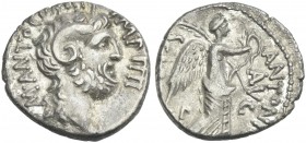 M. Antonius and M. Pinarius Scarpus. Denarius, Cyrenaica 31. Rare.