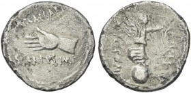 Octavianus, M. Pinarius Scarpus. Denarius, Cyrenaica 31. Very rare.
From the Haviland collection.