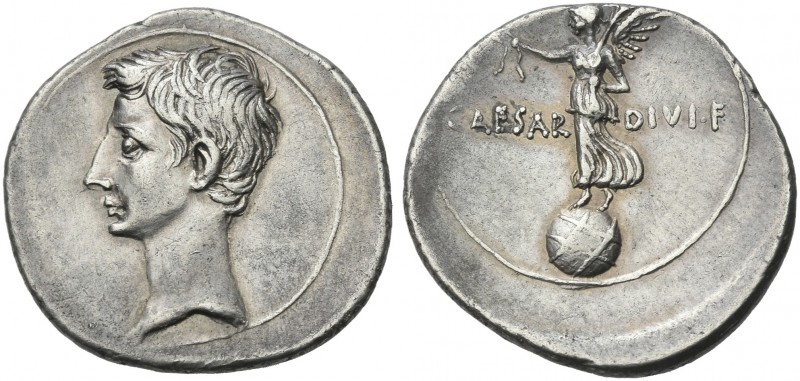 Octavian, 32 – 27 BC. 
Denarius, Brundisium and Roma (?) circa 32-29 BC, AR 21 ...