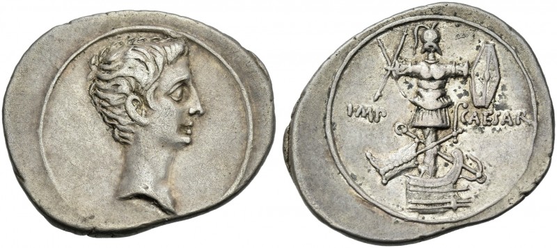 Octavian, 32 – 27 BC. 
Denarius, Brundisium and Roma (?) circa 29-27 BC, AR 24 ...