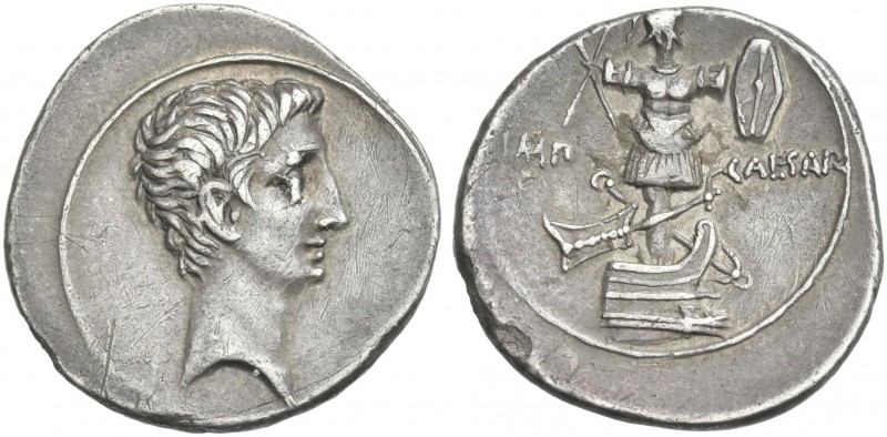 Octavian, 32 – 27 BC. 
Denarius, Brundisium and Roma (?) circa 29-27 BC, AR 21 ...