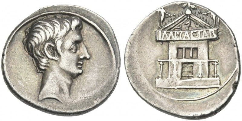 Octavian, 32 – 27 BC. 
Denarius, Brundisium and Roma (?) circa 29-27 BC, AR 19 ...