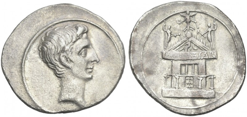 Octavian, 32 – 27 BC. 
Denarius, Brundisium and Roma (?) circa 29-27 BC, AR 23 ...