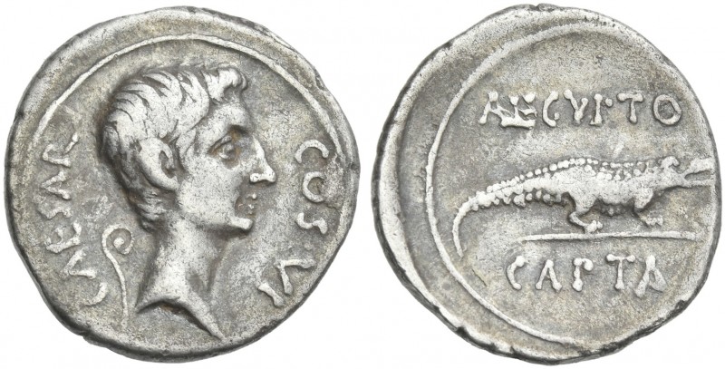 Octavian, 32 – 27 BC. 
Denarius, Brundisium and Roma (?) circa 29-27 BC, AR 19 ...