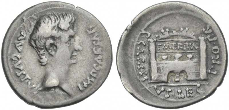 Octavian as Augustus, 27 BC – 14 AD. 
P. Carisius. Denarius, Emerita circa 25-2...