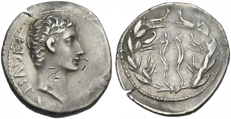 Octavian as Augustus, 27 BC – 14 AD. 
Denarius, North Peloponnesian mint circa ...