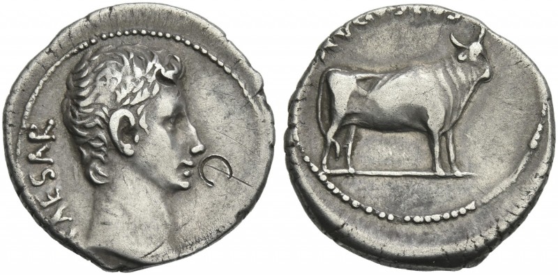 Octavian as Augustus, 27 BC – 14 AD. 
Denarius, Samos (?) circa 21-20 BC, AR 20...