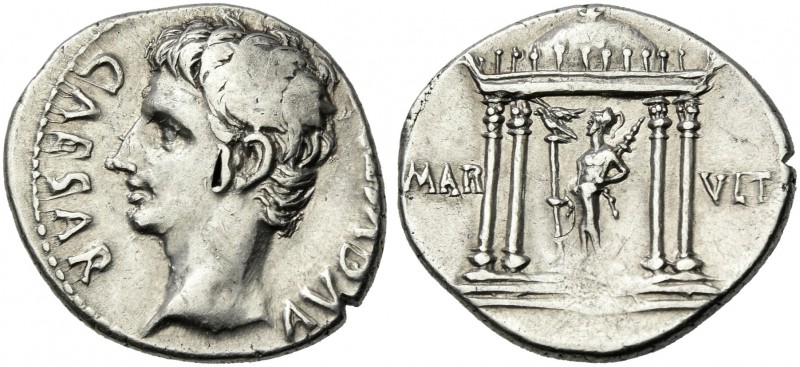 Octavian as Augustus, 27 BC – 14 AD. 
Denarius, Colonia Patricia (?) circa 19 B...