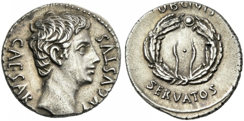 Octavian as Augustus, 27 BC – 14 AD. 
Denarius, Colonia Patricia (?) circa 19 B...