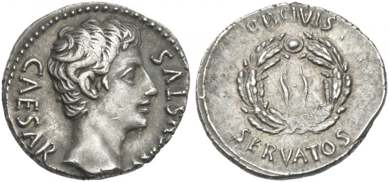 Octavian as Augustus, 27 BC – 14 AD.
Denarius, Colonia Patricia (?) circa 19 BC...